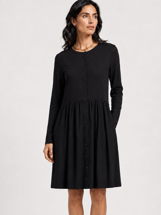 J. Jill Dresses & Skirts - J.Jill Wearever Black Button Front Babydoll Drop Waist Midi Dress Long Sleeve L